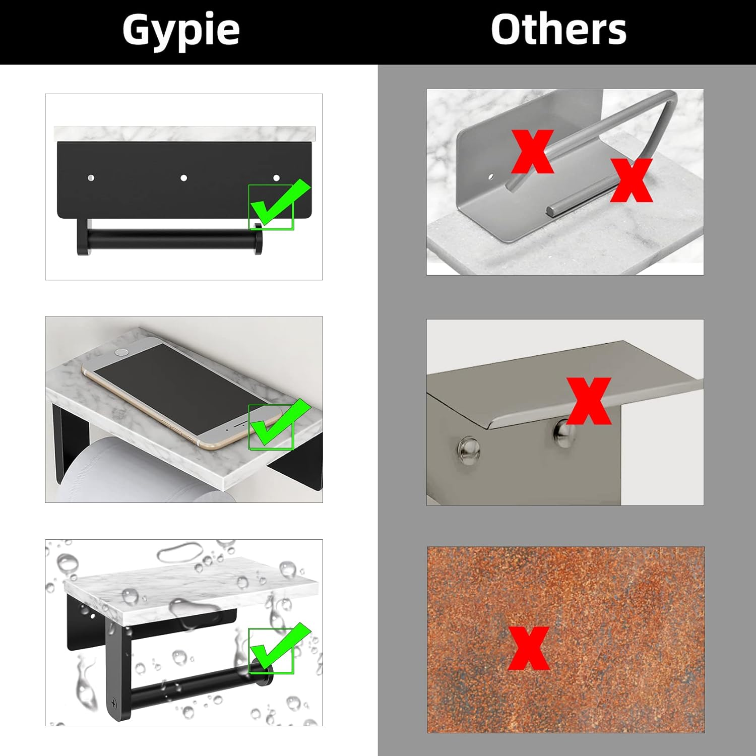 Gypie Marble Toilet Paper Holder with Shelf, 304 Stainless Steel Screw Wall Mounted, Tissue Roll Holder for Bathroom Washroom Matte Black image number 1