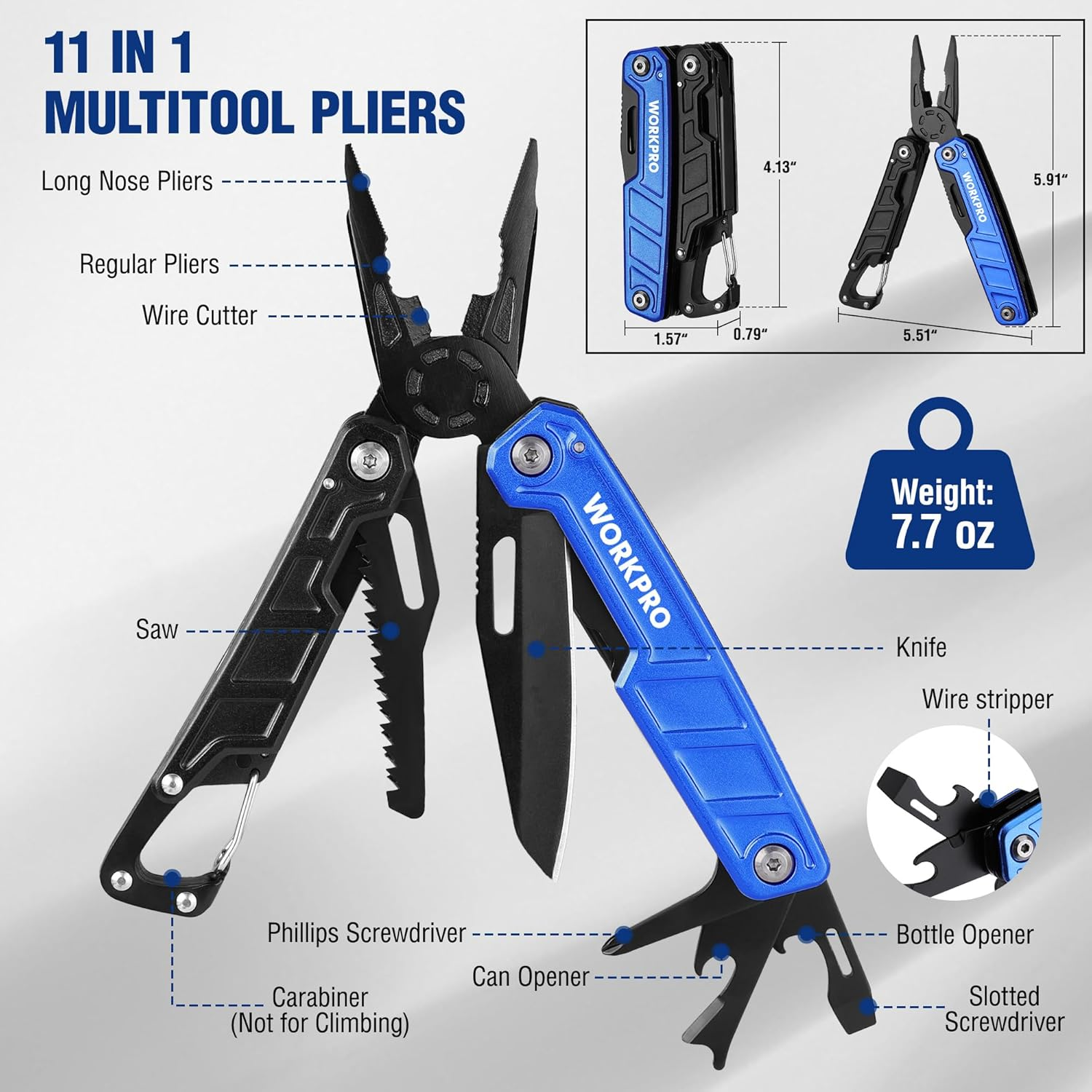 WORKPRO Multifunction Pliers, 11 in 1, Stainless Steel Folding Multifunction Tool with Screwdriver and Pliers for Camping and Hiking (Blue) image number 3