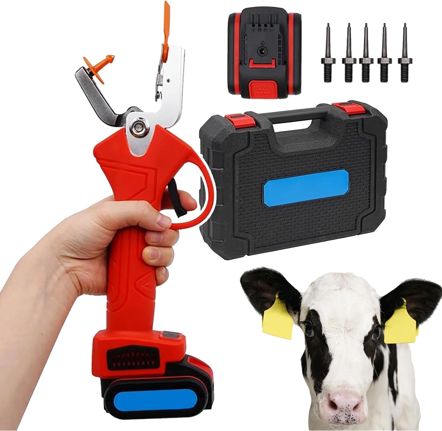 Electric Cordless Ear Tag Pliers Set, Battery Operated, with Case + 2000Mah Battery, Fast and Accurate Marking + Automatic Rebound, for Cattle, Pigs, Sheep, Cows,Red image number 4