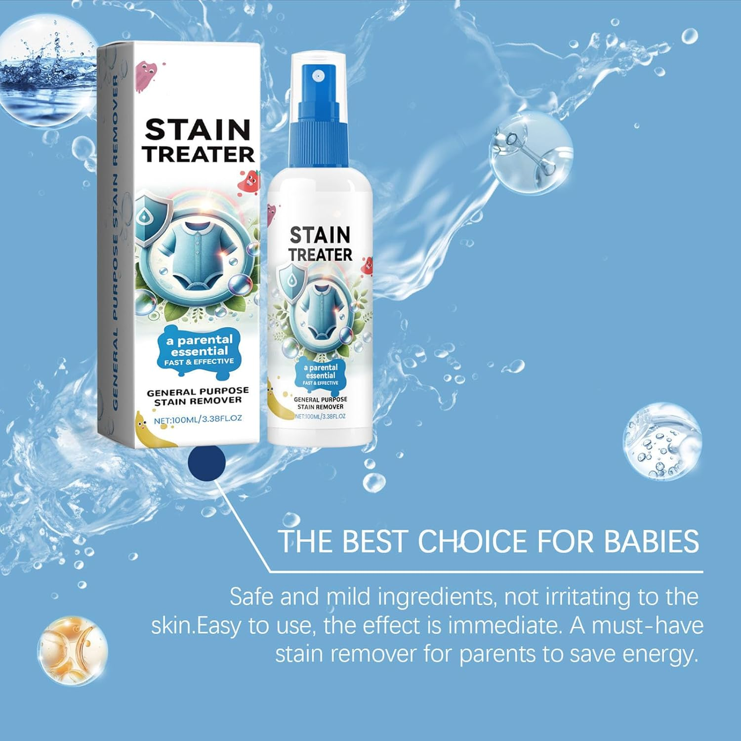 Baby Laundry Stain Remover Spray, 100Ml Stain Treater Spray for Baby Clothes Fabric, Clothing Fabric Cotton Linen Underwear Cleaning Liquid Detergent for Oil Grease Food Removal
