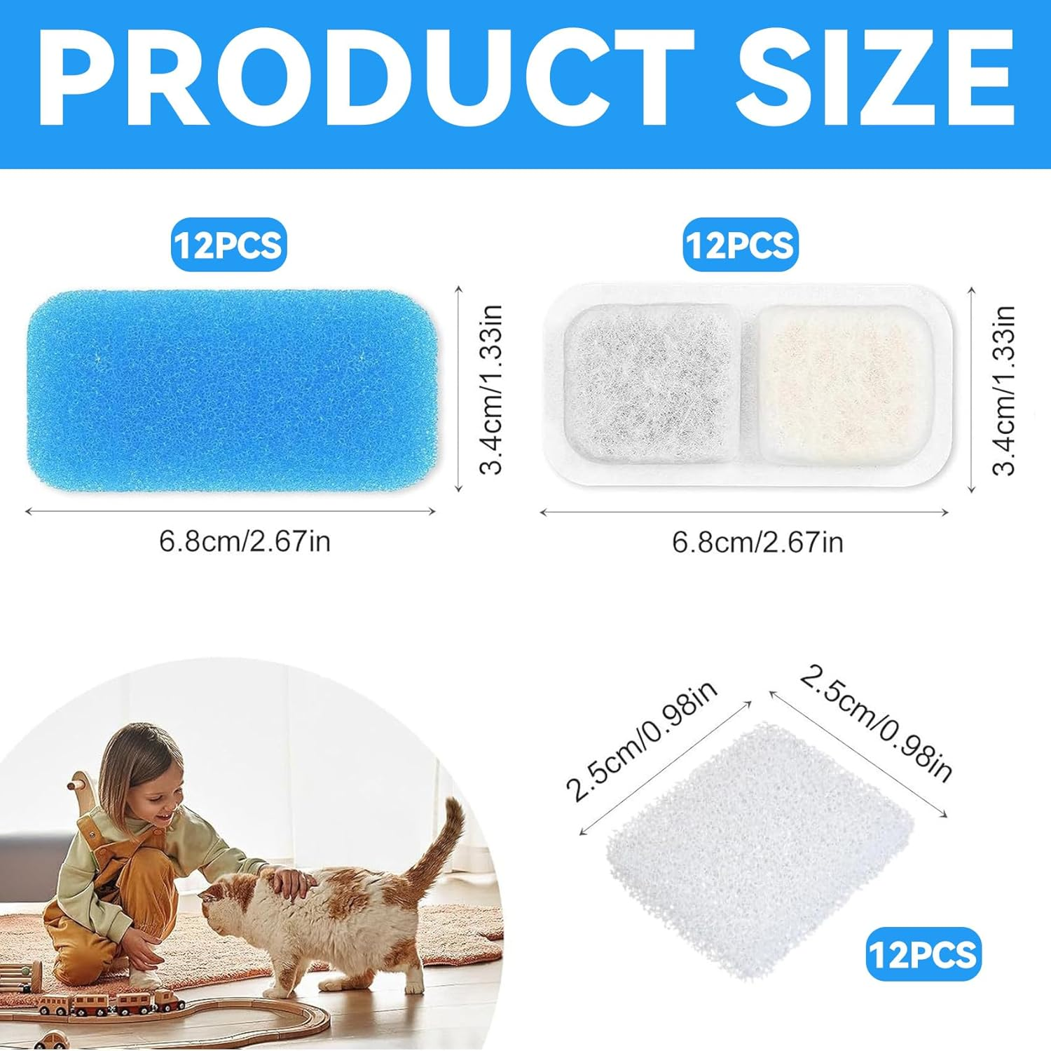 Pack of 12 Cat Fountain Filters Compatible with Oneisall PWF-001 2L/67Ozcat Water Fountain, Pre-Filtered Sponges image number 4