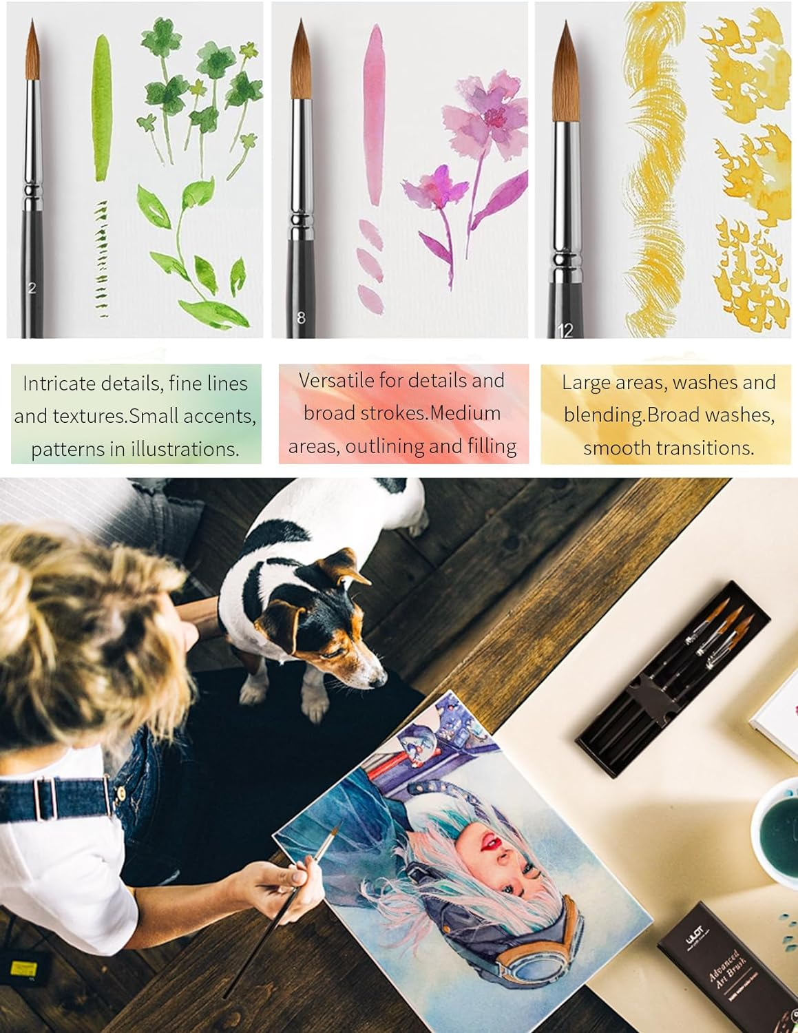 9 PCS Professional Watercolor Detail Paint Brushes, round Pointed Tip Paint Brushes Perfect for Watercolors Acrylics Inks Gouache Oil and Tempera Paint by Numbers, Art Supplies for Painting (Spike) image number 1