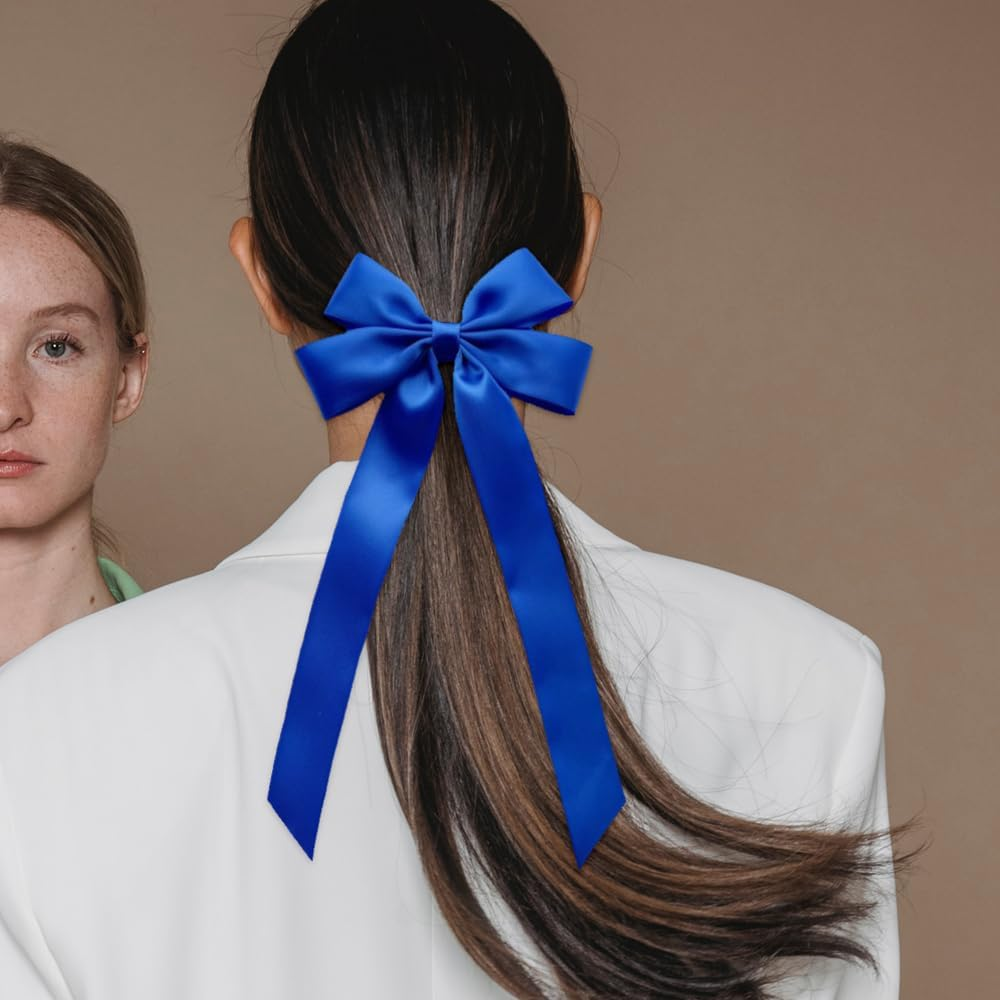 Bekecidi 4 PCS Hair Bows Hair Clip Hair Ribbon with Long Tail Hair Barrettes Tassel Bowknot Hairpin French Hair Clips Slides Metal Clips Hair Accessories for Women Girls (Black, Blue, Green, Purple)