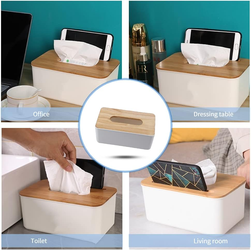 Napkin Case, Removable Bamboo/Wood Cover Plastic Tissue Box Holder Storage Organizer for Home Car Office(Square) image number 6