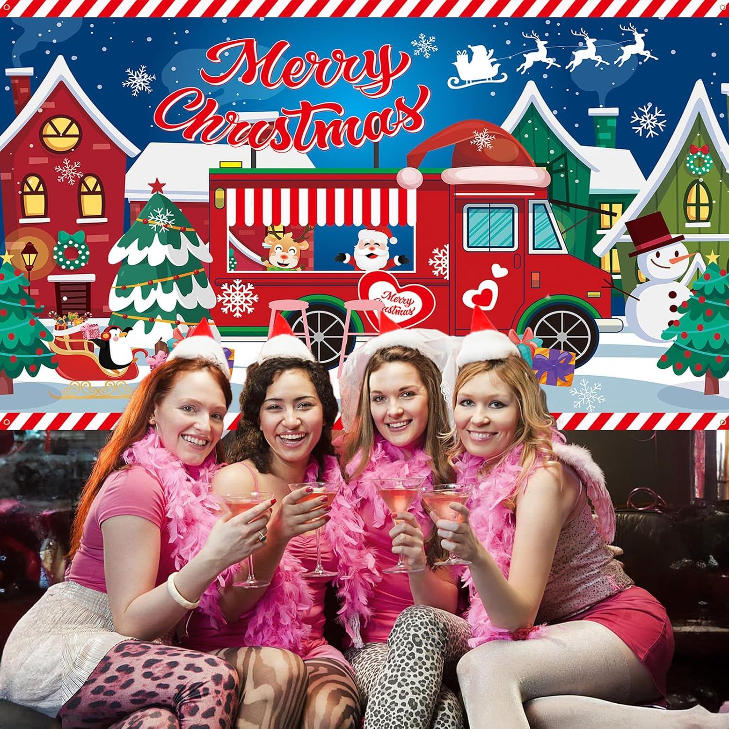 Xtralarge Christmas Banner, Merry Christmas Banner Outdoor with Santa Claus Reindeer Backdrop, Christmas Decorations Hanging Yard Banner Poster Sign for Outdoor Wall New Year Christmas Party Supplies - Blue Red - Trams image number 3