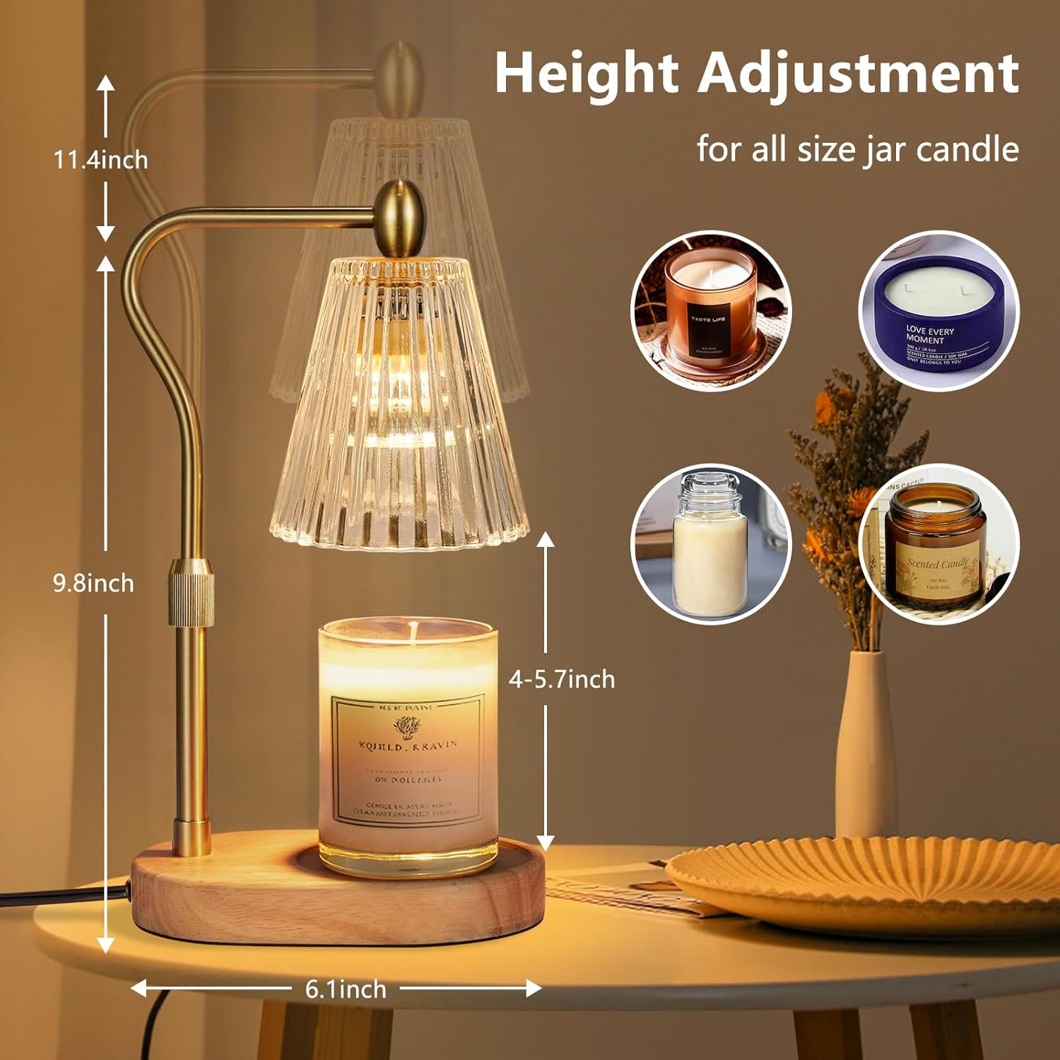 Engpure Candle Warmer Lamp - Candle Warmer Lamp with Timer and Dimmer Adjustable Height,Electric Wax Melt Warmer with 2 Bulbs for Scented Jar Candles Home Decor - Gold image number 2
