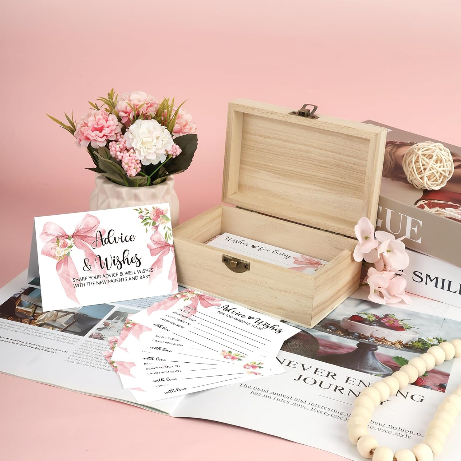 50 Pcs Pink Bow Baby Shower Advice Cards for Parents to Be,Advice and Wishes Cards Box for New Parents,Wishes for Baby Card,Baby Shower Games Decorations Girl image number 1