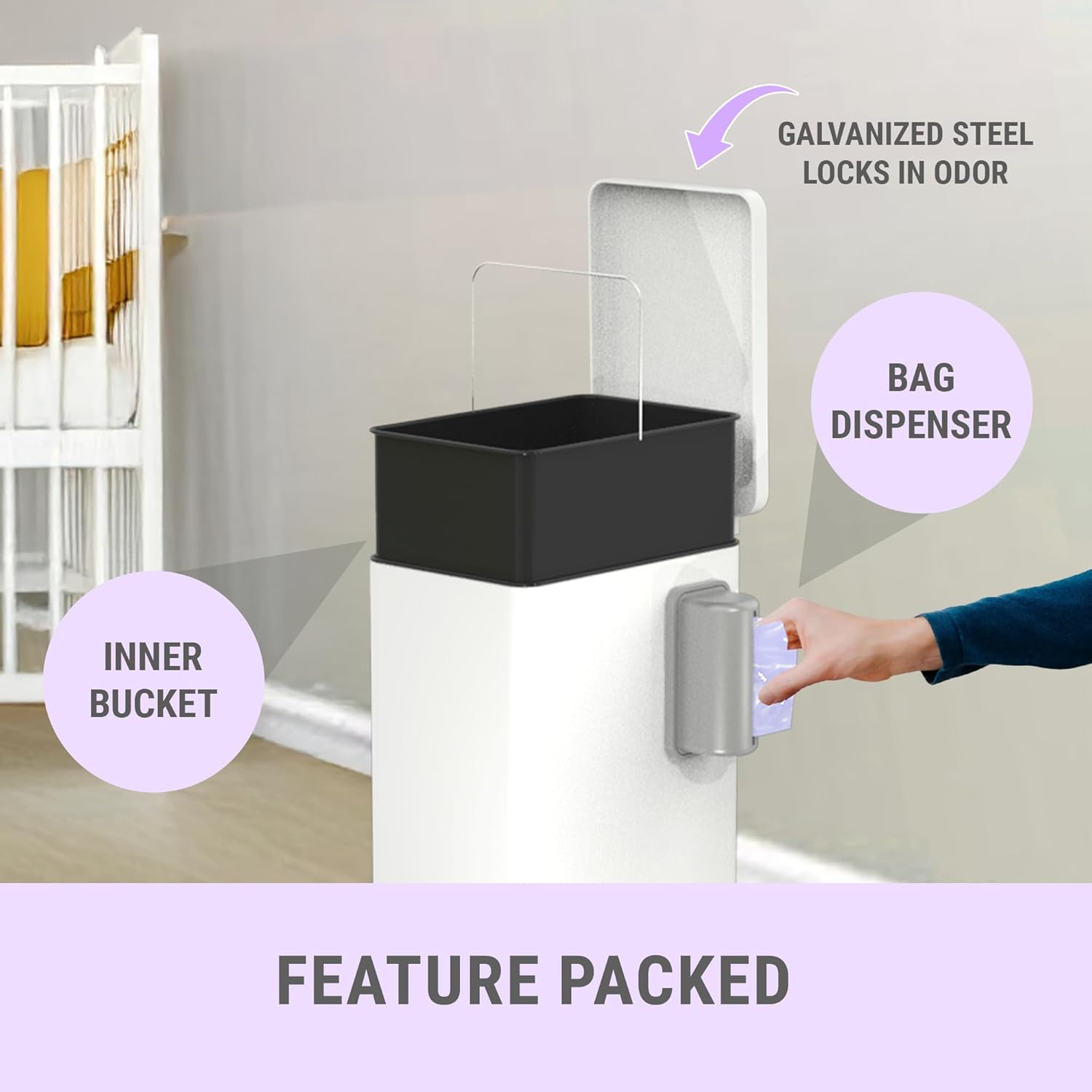 Sliq Baby Diaper Trash Can Odor Control, Small Diaper Pail, 3.2 Gal Baby Trash Can for Diapers, Disposal Bin for Nursery Garbage Pail, anti Odor Bin with 30 Lavender Scented Refills image number 2