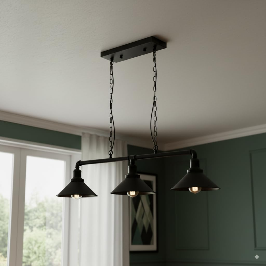 Ledsone Industrial 3 Way Vintage Retro Style Steampunk Pipe Light Bar with Lamp Shade Pendant Light Fitting Metal Pipe Lighting Ceiling Light