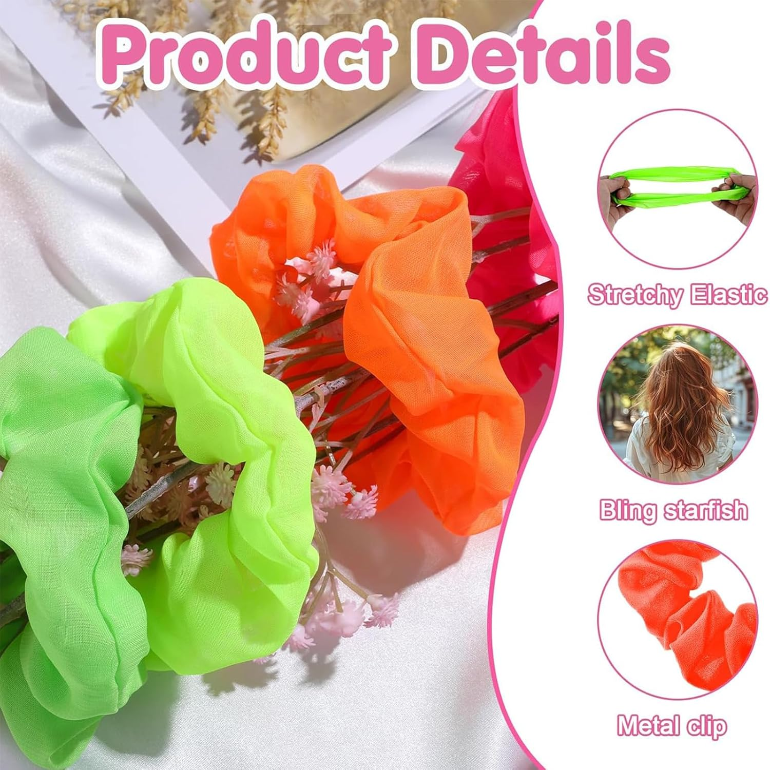 Tavvke 4 Pcs Neon Scrunchies, 80S-Inspired Chiffon Hair Ties, Soft Elastic Ponytail Holders, Thick Neon Hair Bands in Solid Colors Ideal for Christmas, Halloween, and Parties, for Women and Girls image number 3