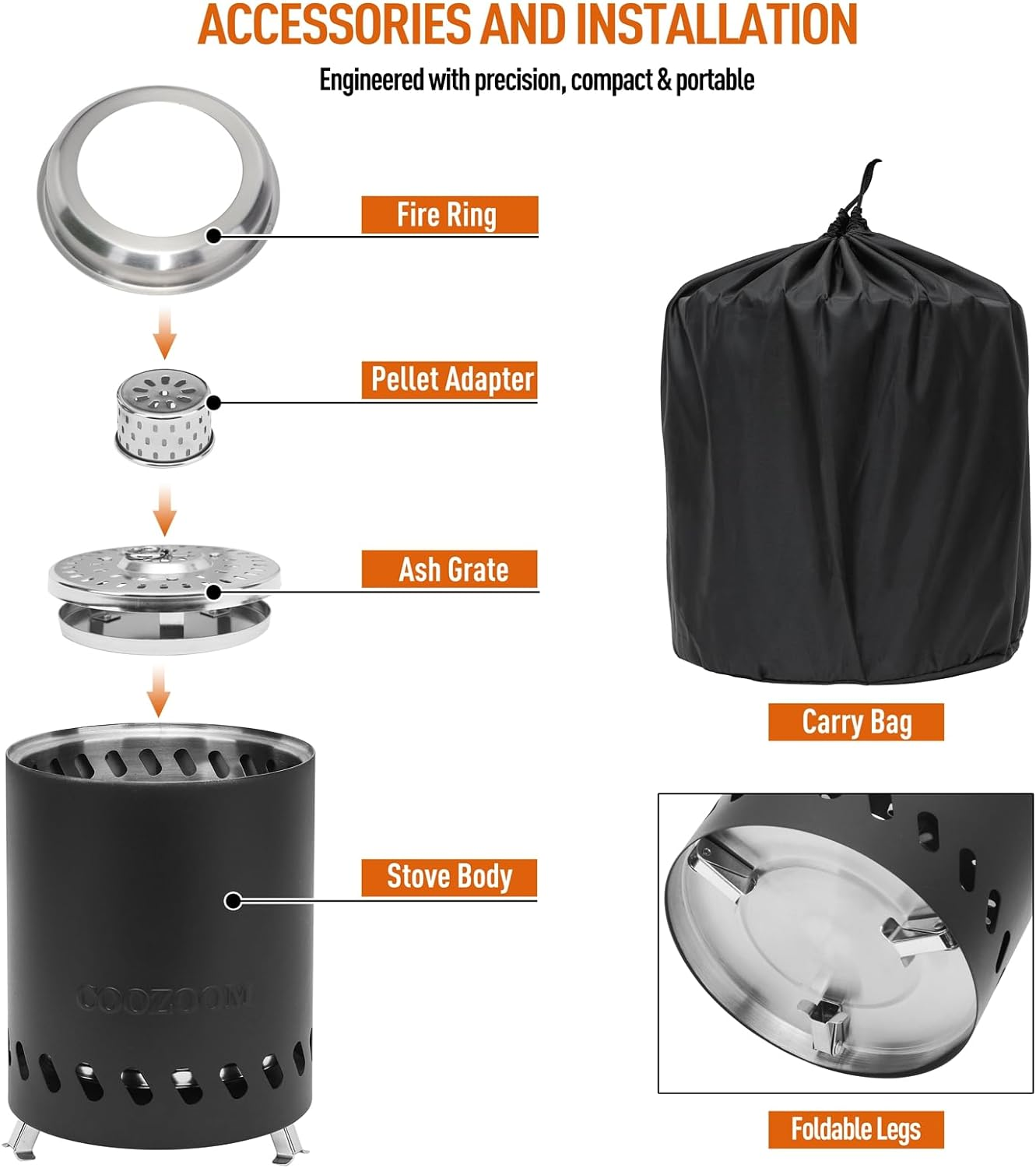 Portable Table Top Fire Pit: 5.5" Stainless Steel Mini Outdoor Stove with Stand, Low Smoke Burning Tabletop Firepit Fueled by Pellets or Wood, for Urban & Suburbs outside Camping Black image number 6