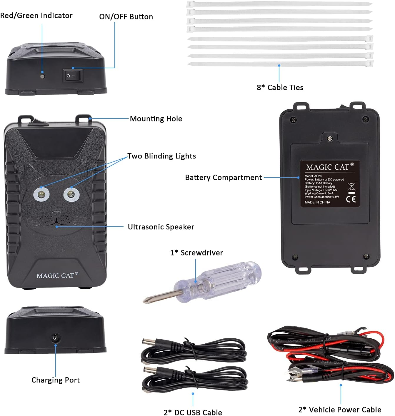 MAGIC CAT under Hood Animal Repeller Rodent Repellent, Ultrasonic Battery Operated Rat Deterrent with LED Strobe Lights, Rodent Defense Vehicle Protection for 12V 24V Car Truck RV