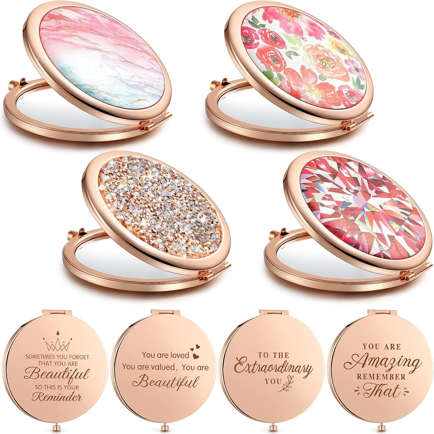 Chunful 4 Pcs Floral Pocket Mirror for Women Bulk Rhinestone Rose Gold Compact Mirror Vintage Engraved Pocket Makeup Double Sided with 1X/2X Magnifying for Bridesmaid Wedding Gifts image number 1