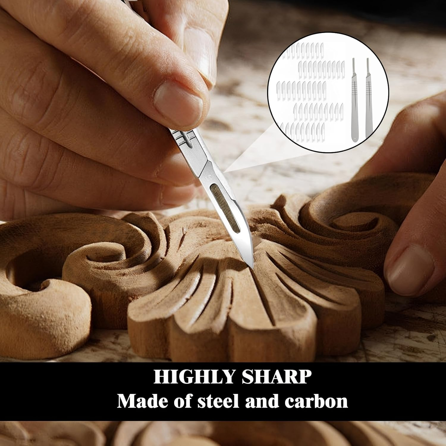 52 Pcs Scalpel Blades Kit, Carbon Steel Utility Scalpel Blade, 5 Styles Replacement Blades and 2 Pcs Knife Handle, DIY Cutting Hand Tools, Angled Cutter Knife for Anatomy Practicing, Sculpting​ image number 1