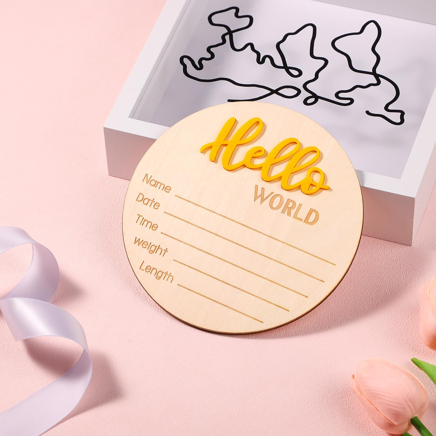 Announcement Sign Baby, 15 Cm Wooden "Hello World" Welcome Sign for Newborn Name Plate Baby Birth for Photo Props Baby Shower Hospital Nursery (Yellow) image number 2