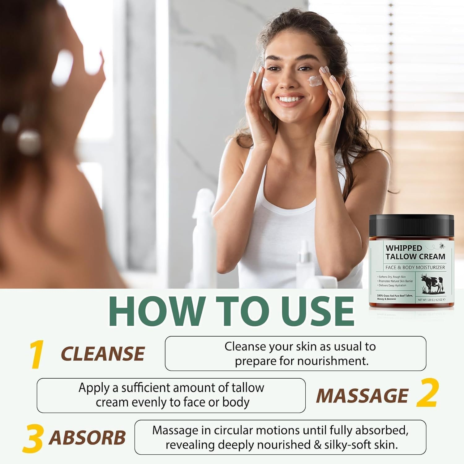 2PCS Beef Tallow Balm,Fed Beef Tallow & Raw Honey Balm, Natural Face & Body Cream for Dry,Skincare Cream for Soft,Able for All Skin Types image number 1