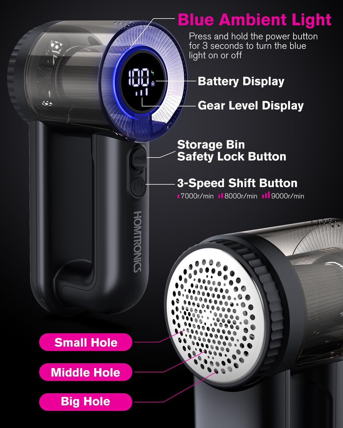 Electric Lint Shavers, [2000Mah Battery] [6-Leaf Blade] Homtronics Rechargeable Lint Remover with 3-Speed, LED Display, Dual Protection, Fabric Shaver Perfect for Clothes, Sweater, Couch (Black) image number 1