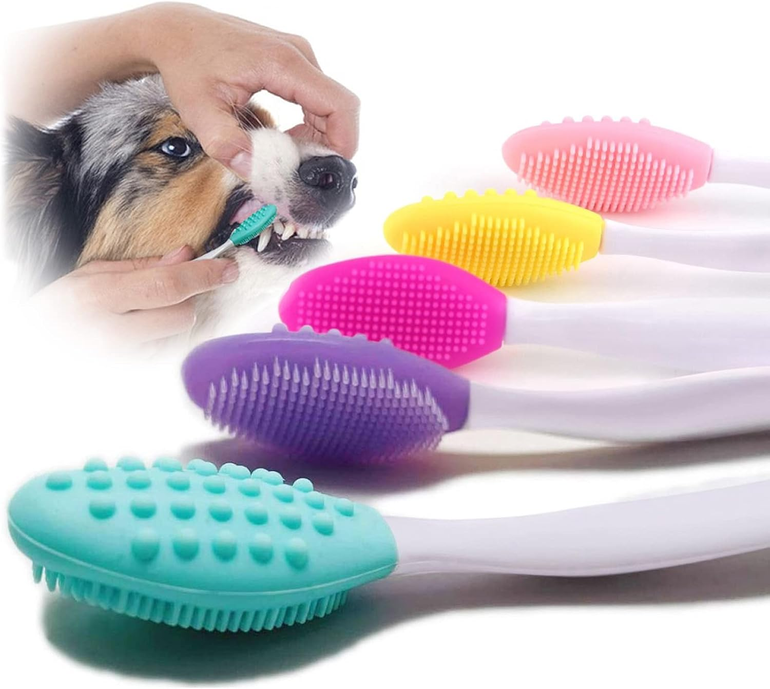 Gingeruper Dog Toothbrush, Silicone Double-Sided Soft Comfort Gentle Toothbrush Set with 5.7 Inch Curved Long Handle for Small Puppies Dogs Cats image number 6