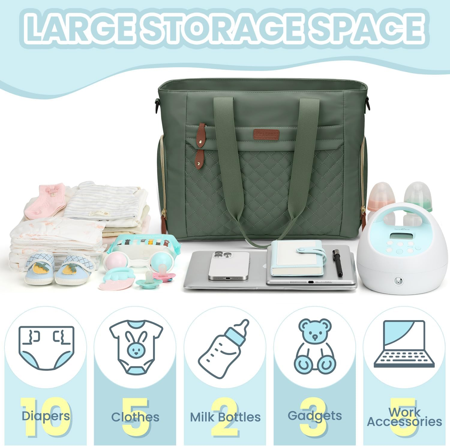 Diaper Bag Tote for Working Mom, Large Travel Baby Diaper Tote, Mommy Baby Bag for Boys and Girls - Black image number 6