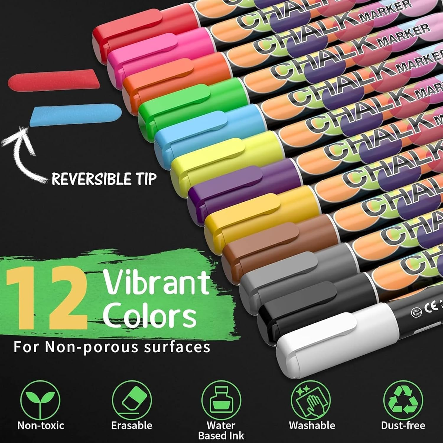 12 Colors Liquid Erasable Chalk Markers Pens - Washable & Wet Erase Neon Makers for Blackboard, Chalkboard Signs, Glass Window, Graduation Celebration School Kids Art for Cars image number 4