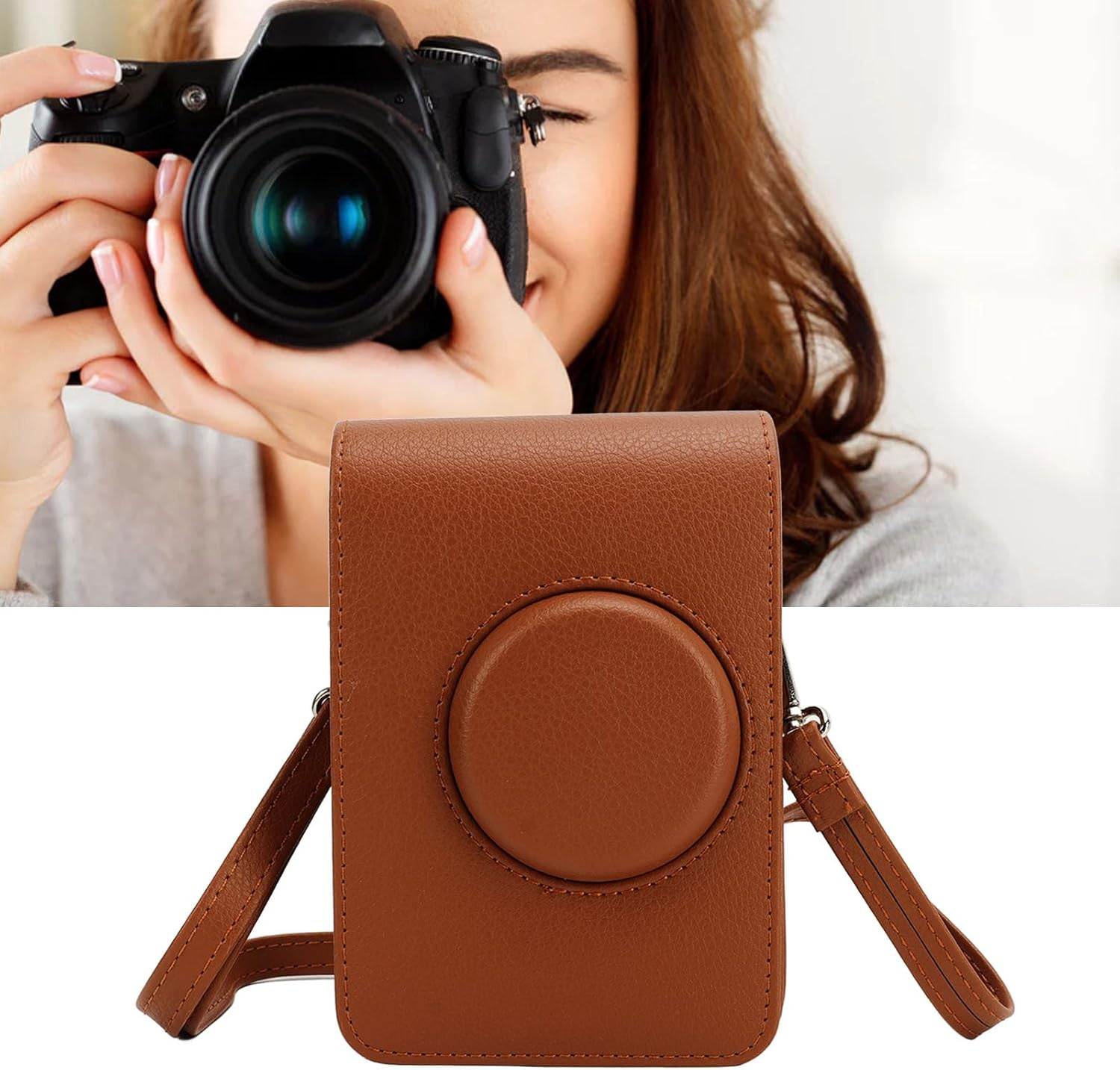 For Mini EVO Case, Retro PU Leather Camera Bag Case Cover Camera Carrying Bag with Adjustable Strap, Protective Camera Case for Mini EVO (Brown) image number 1
