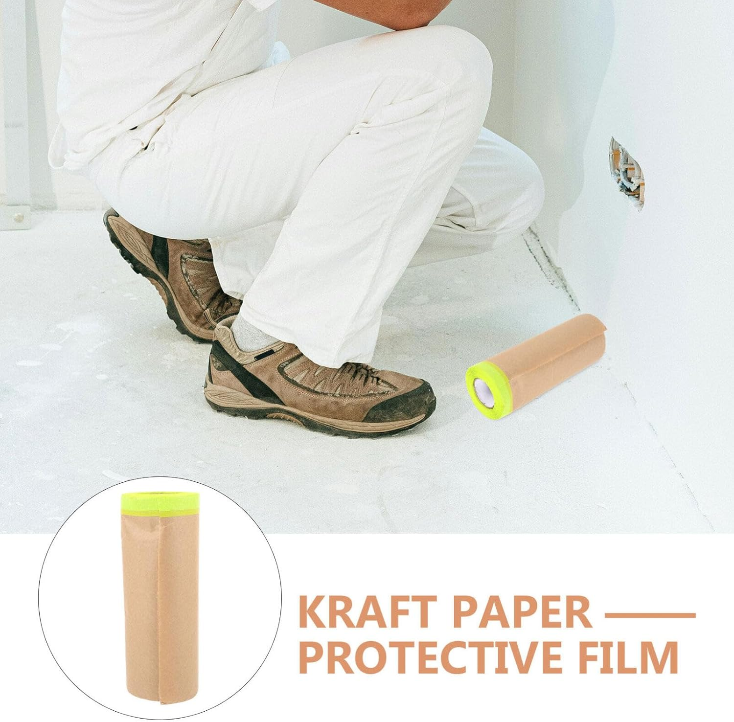 Housoutil 1Roll Automotive Masking Paper Adhesive Protective Film for Painting Projects and Home Renovations Suitable for Furniture Floors Cars and More of Kraft Paper image number 1