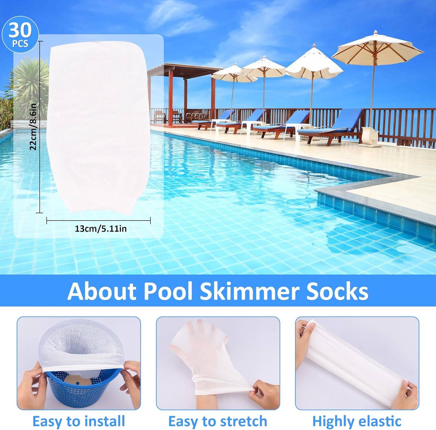 Skimmer Socks, 30 Pack Pool Socks for Skimmer Basket to Filter Debris and Leaves, Pool Skimmer Socks Clean for Inground and above Ground image number 2