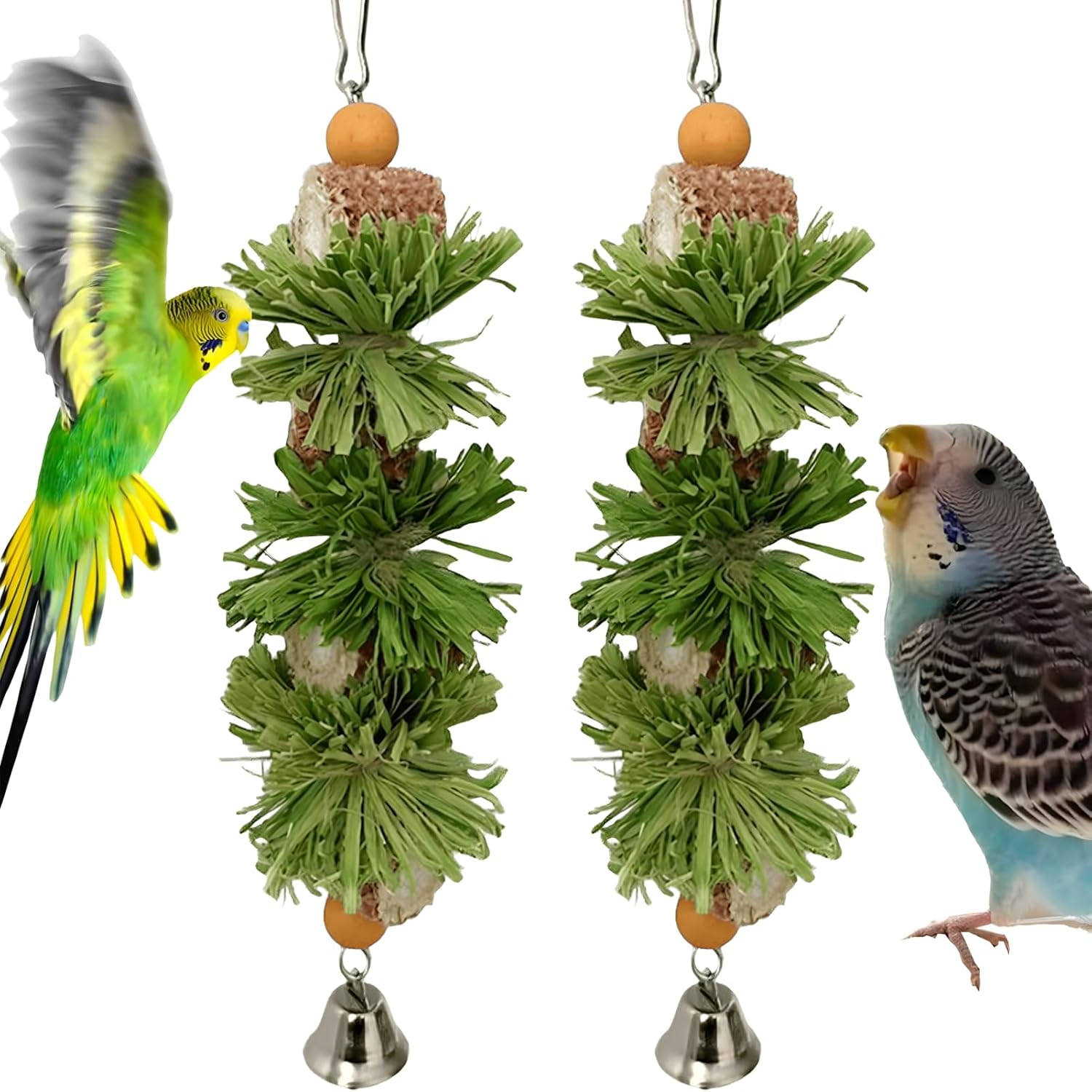 Widenlise 2 Pcs Bird Toys, Bird Shredding Toys, Parrot Chewing Toys, Cockatiel Toys, Include Natural Corn Cob Bells, Hanging Foraging Shredder Toy for Parakeets Budgies, Conures, Finches, A