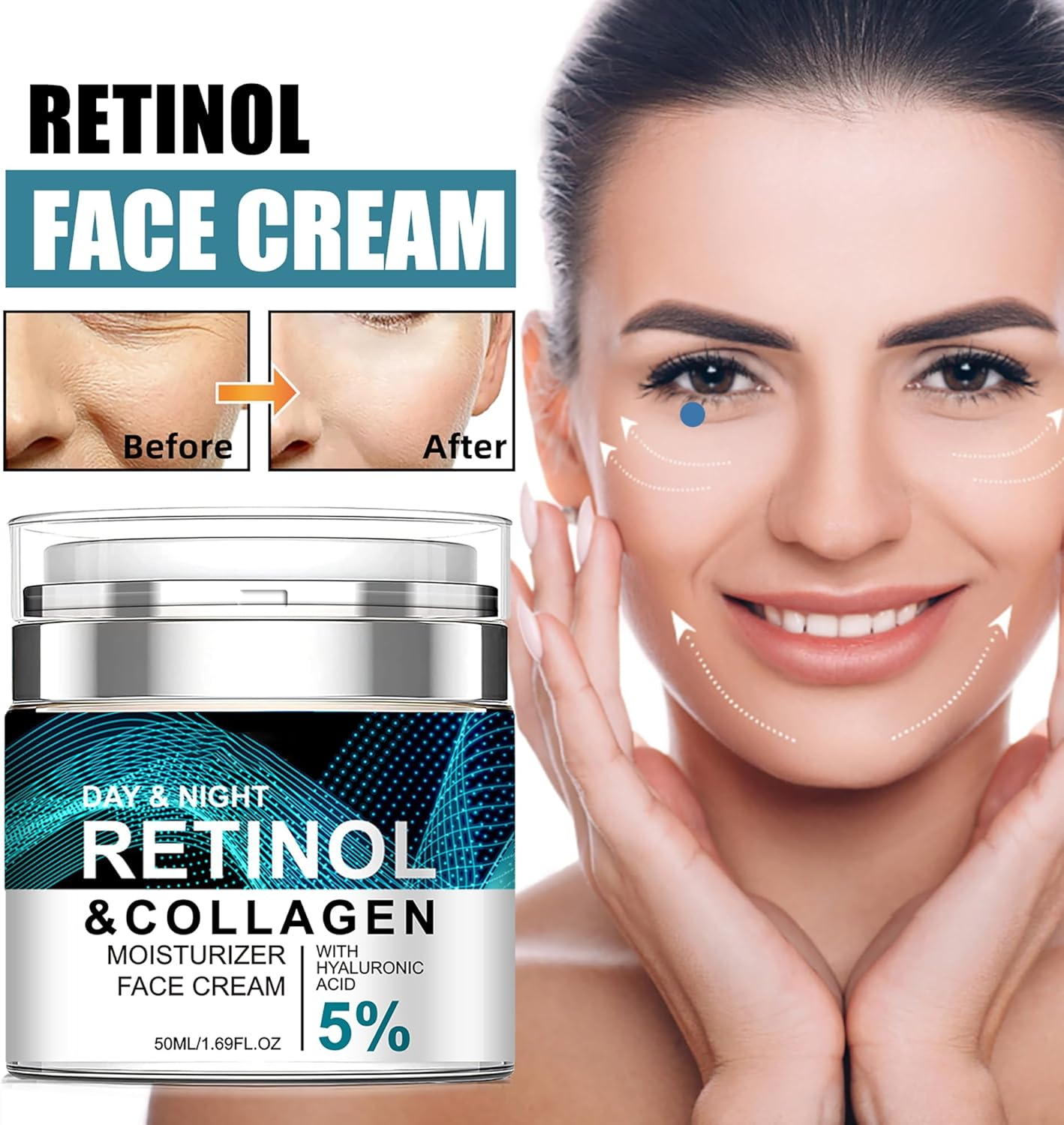 Retinol Cream Anti-Aging for Face with Collagen & 5% Hyaluronic Acid - Reduces Wrinkles & Dark Circles,Lifts & Firms Skin,Day and Night Moisturizer for All Skin Types (50Ml) image number 5