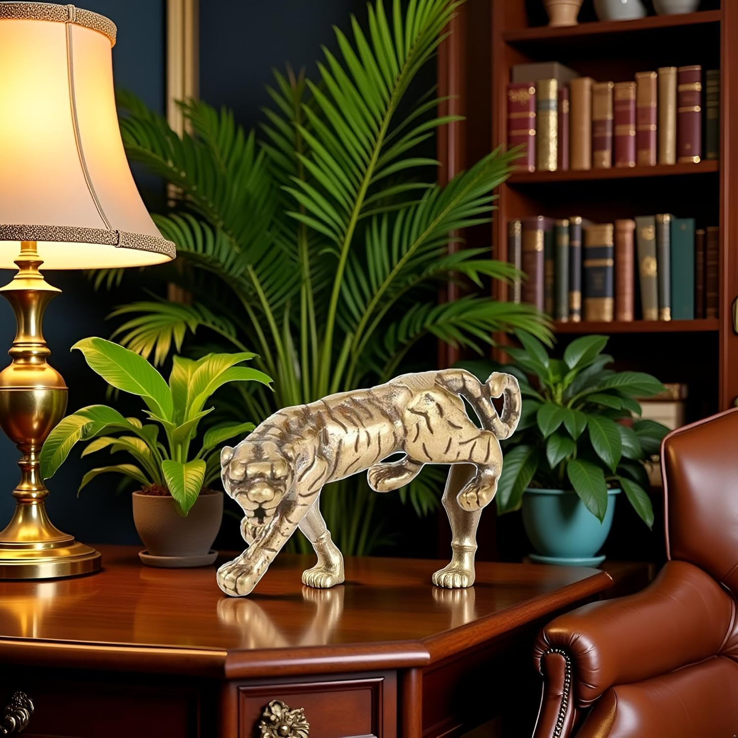 1Pc Gold Antique Copper Tiger King Figurines Home Decor Accessories Vintage Brass Animal Ornaments Desk Decorations Collectible Figurines image number 3
