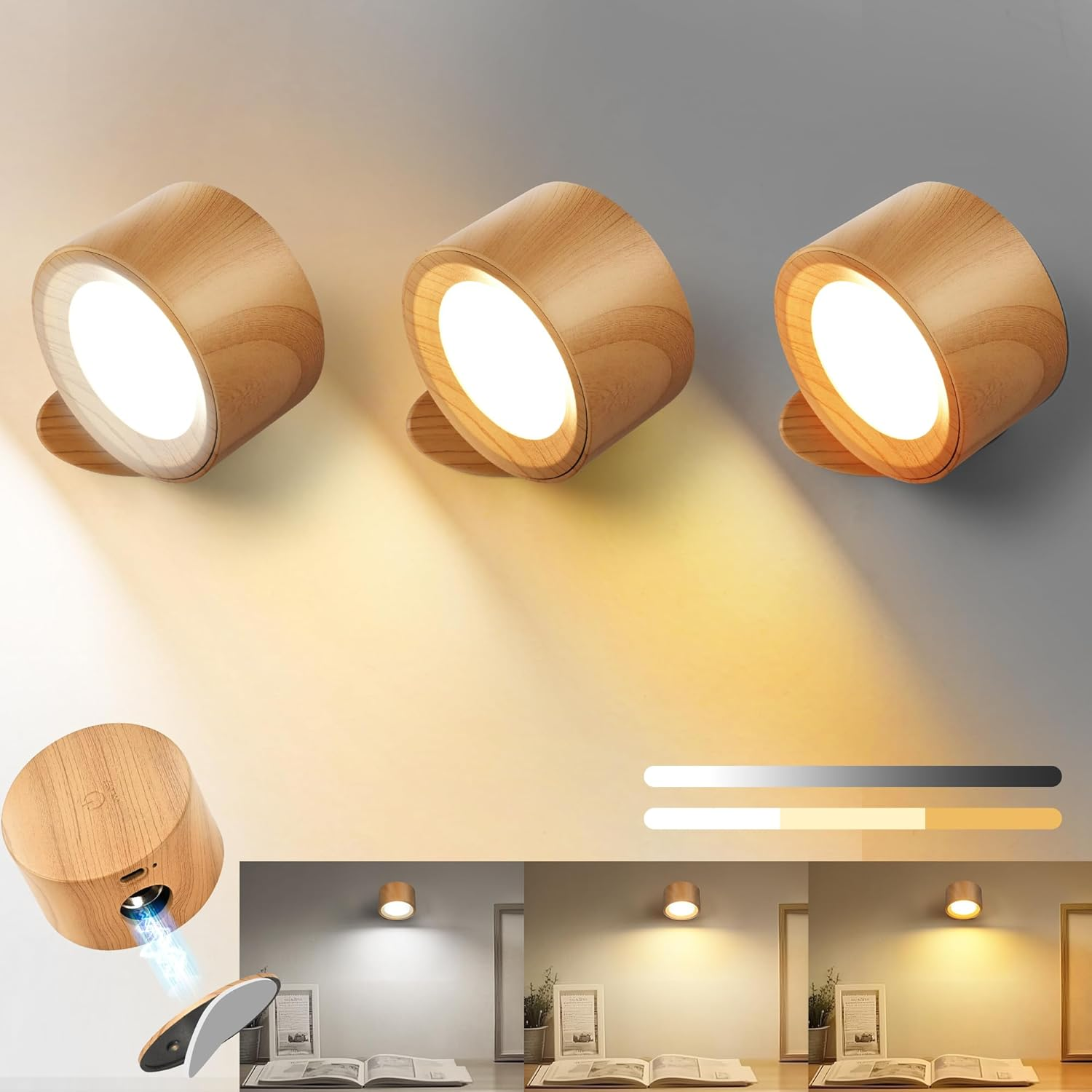 LED Wall Sconces Battery Operated 360&deg; Rotation Decor Wall Mounted Cordless Lights, 3 Color Temperatures & Dimmable, Wireless Magnetic Picture Lights Bedside Wall Lamps Bedroom, Livingroom-Black