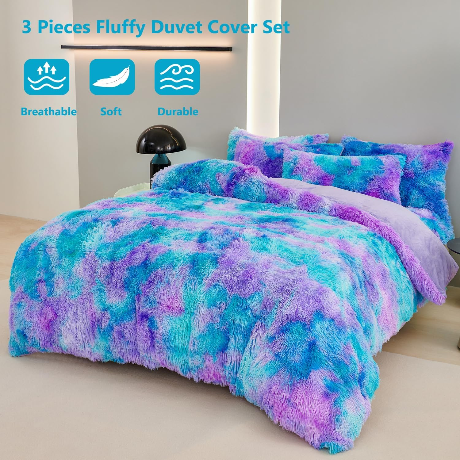 SUCSES Plush Shaggy Bedding Duvet Cover Set for Teens Girls, 3Pcs Faux Fur Fluffy Velvet Comforter Cover Set, Blue Purple Tie Dye Furry Bed Sets for Kids Teens (Blue Purple, Full) image number 2