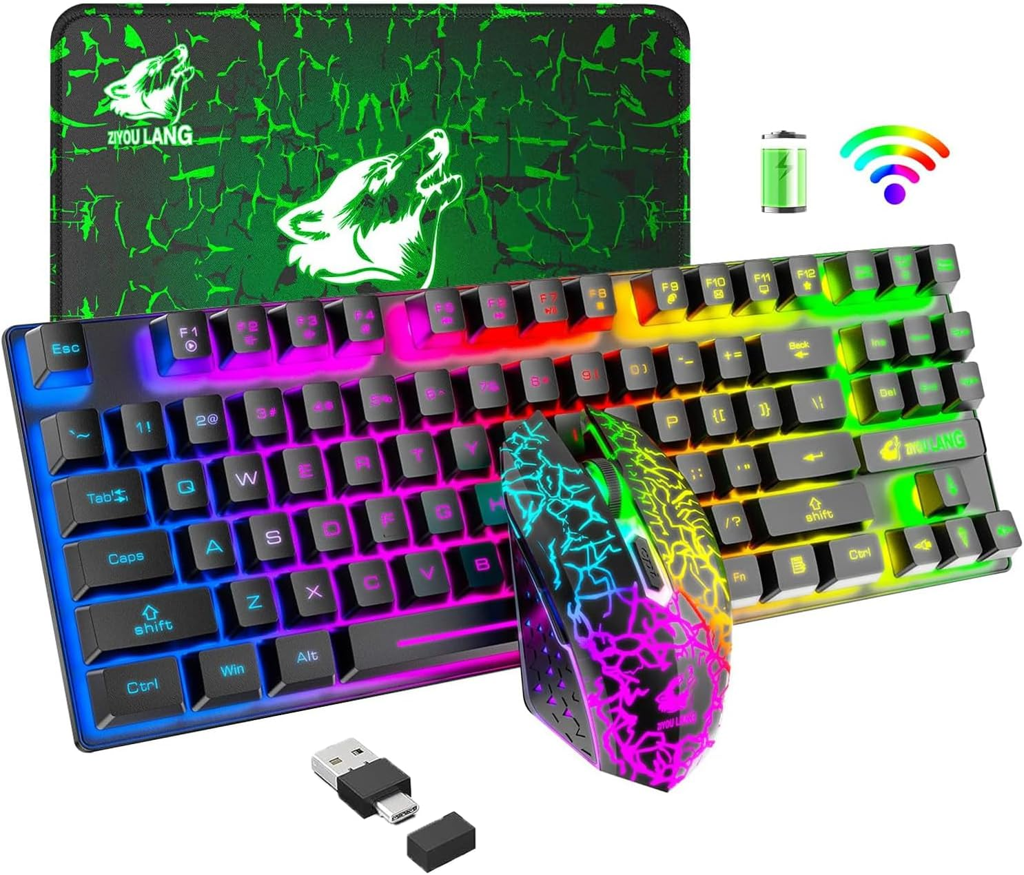 Lexonelec Wireless RGB Backlit Gaming Keyboard Mouse Combo,Rechargeable 3800Mah Battery, 87-Key Mechanical Feel Keyboard, Quiet Mouse and Mouse Pad for Gamers and Office Typists(White)