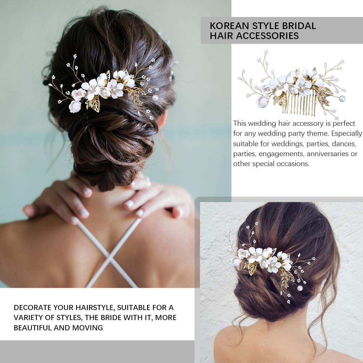 FERCAISH Wedding Hair Comb Flower, Crystal Bridal Hair Accessories, Pearl Leaf Headpiece for Wedding Bride Bridesmaid (White) image number 3