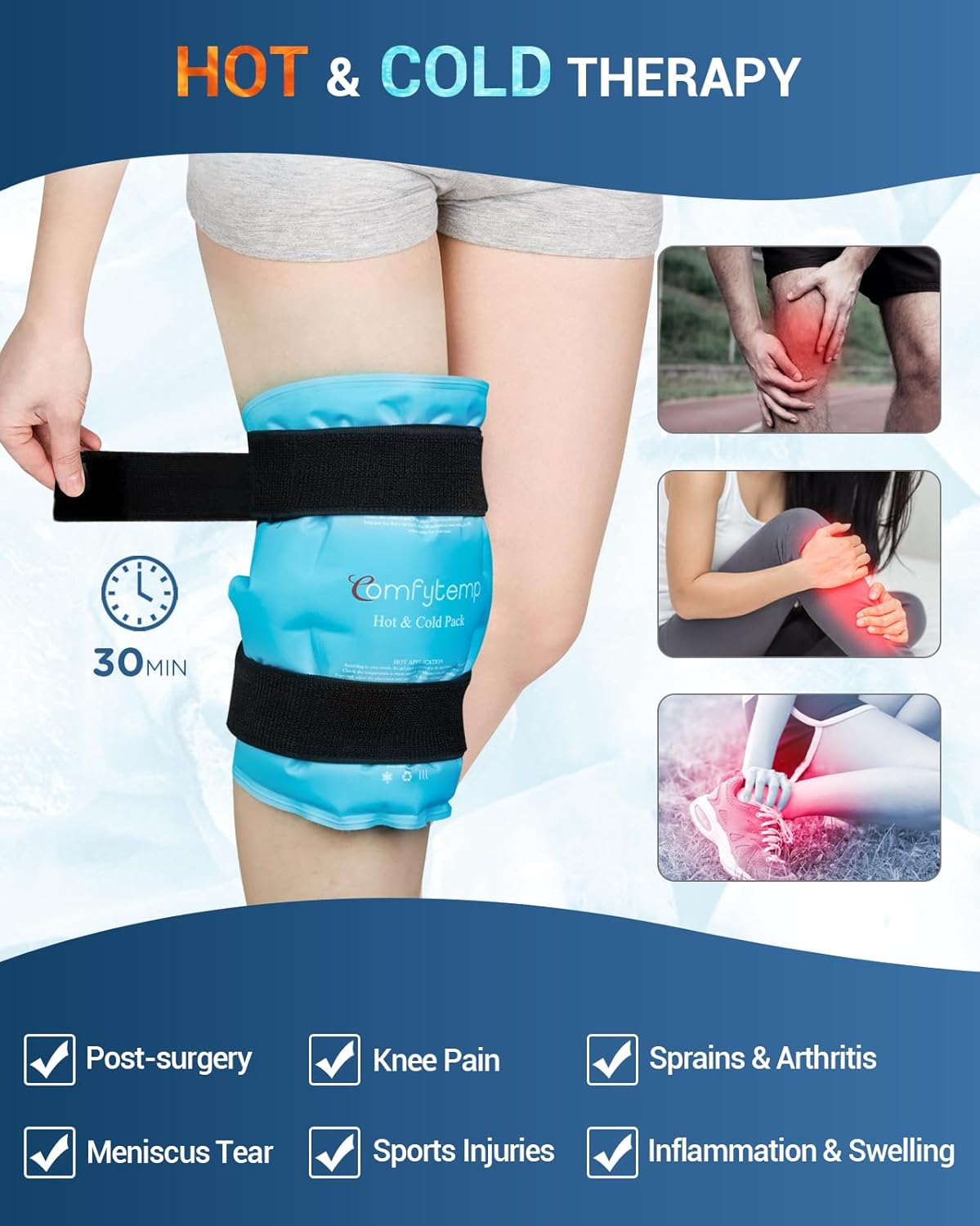 Comfytemp 27X35Cm Knee Ice Pack for Injuries, Reusable Gel Cold Pack for Knee Pain Relief, Hot & Cold Compress Therapy for ACL Injury, Knee Replacement Surgery, Arthritis, Bruises & Sprains image number 3