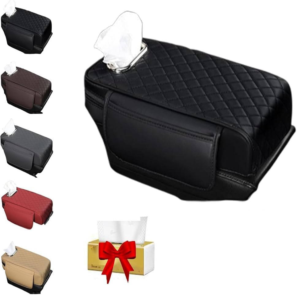 1 Pcs Memory Foam Car Armrest Cushion, Leather Car Armrest Box Pad, New Car Center Console Cushion, with Pocket and Tissue Box for Most Cars Black New Car Center Console Cushion