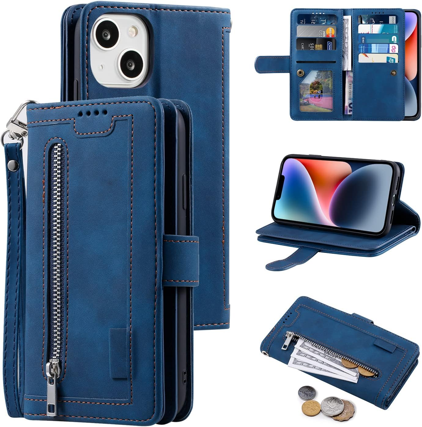 UEEBAI Wallet Case for Iphone 13, Retro 9 Card Holder Slots Zipper Pocket Handbag Case PU Leather Magnetic Closure Kickstand with Wrist Strap TPU Shockproof Flip Case - Blue
