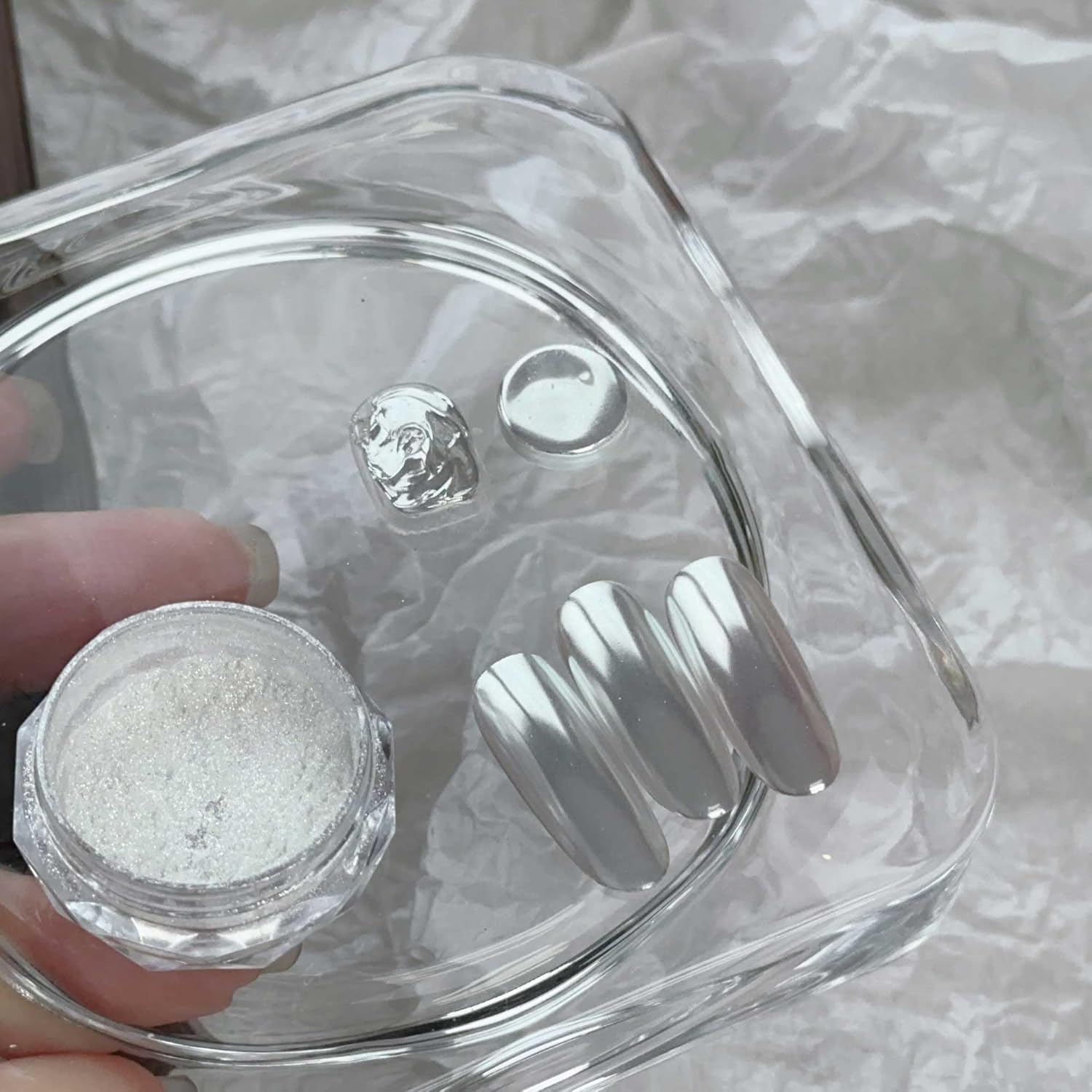 ADHERE Crystal Chrome Nail-Powder - Hyper-Shine Crystal Clear Finish Chrome Powder, Nail Art Dust, Professional Salon-Grade DIY Gel Polish Accessories 0.3G (Crystal Powder) - Moon Reflection image number 7