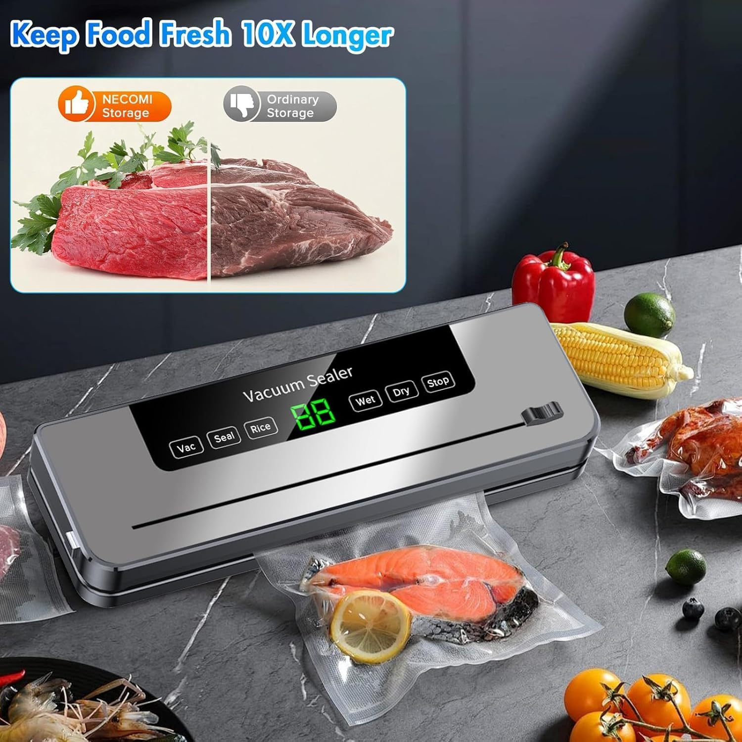 Yakiter Vacuum Sealer Machine, 6-In-1 Automatic Sealing Food Saver Machine with 30Pcs Sealing Bags, Dry & Moist Sealing Modes, Built-In Cutter,For Food Fresh and Storage (Grey) image number 5