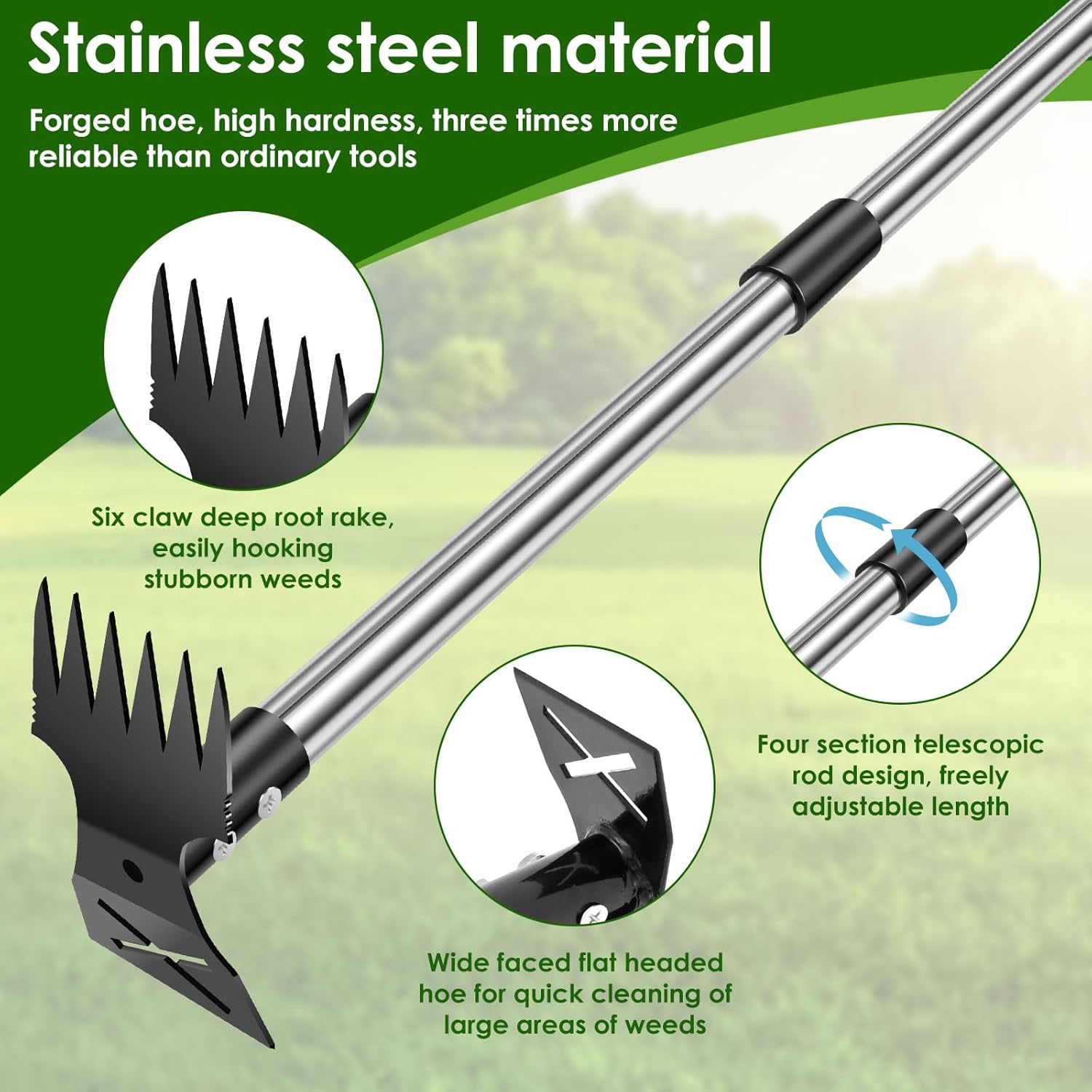 Stainless Steel Weed Removal Tool, Adjustable Length Weed Crack Remover, Upgrade Garden Weeder Tools, Double Head Weeding Puller Tool, Efficient for Vegetable Gardens Backyards image number 1