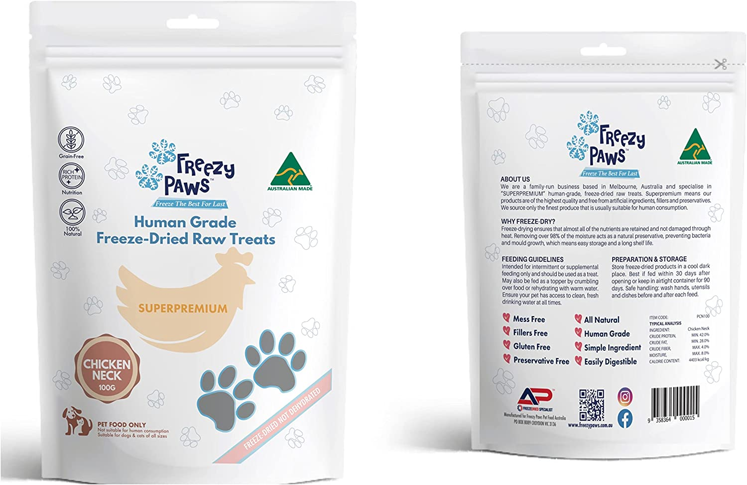 FREEZY Paws Freeze Dried Chicken Neck Treats 100G image number 1