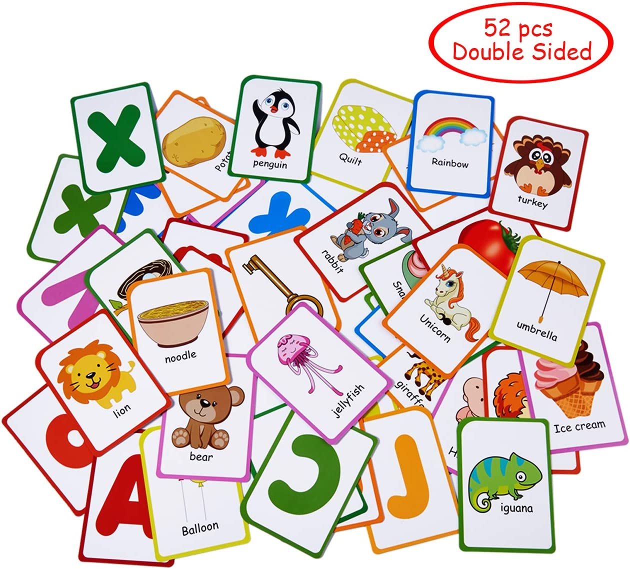 Zazzykid Alphabet Flash Cards for Kids: Teach Toddler ABC Letters & Words, 52 Double-Sided Cards - Preschool Learning