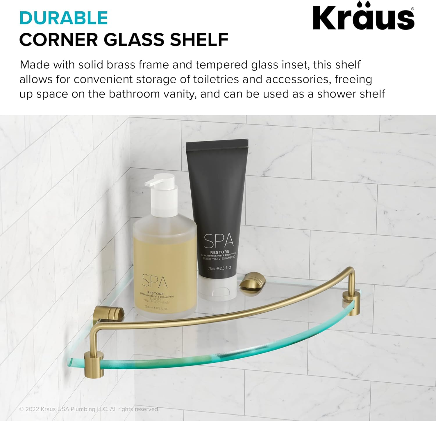 Kraus Elie Glass Bathroom Corner Shower Shelf with Rail in Brushed Gold, KEA-18846BG image number 6