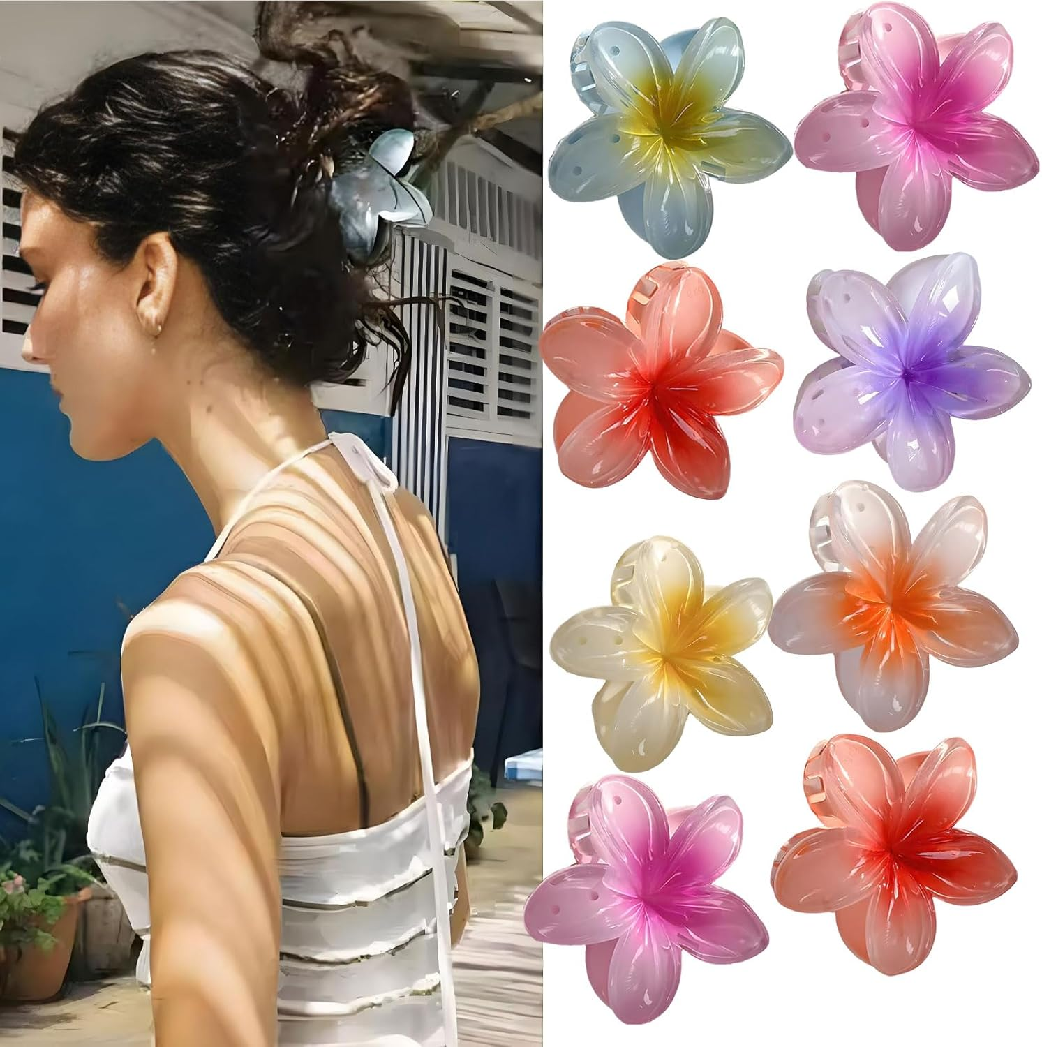 MYTOAU 8 Pack Claw Clips for Women,Hawaiian Plumeria Hair Accessories,Flower for Women,Nonslip Hair Girls, Large Claw Clips for for Wedding, Party, Vacation, Beach Decoration image number 6