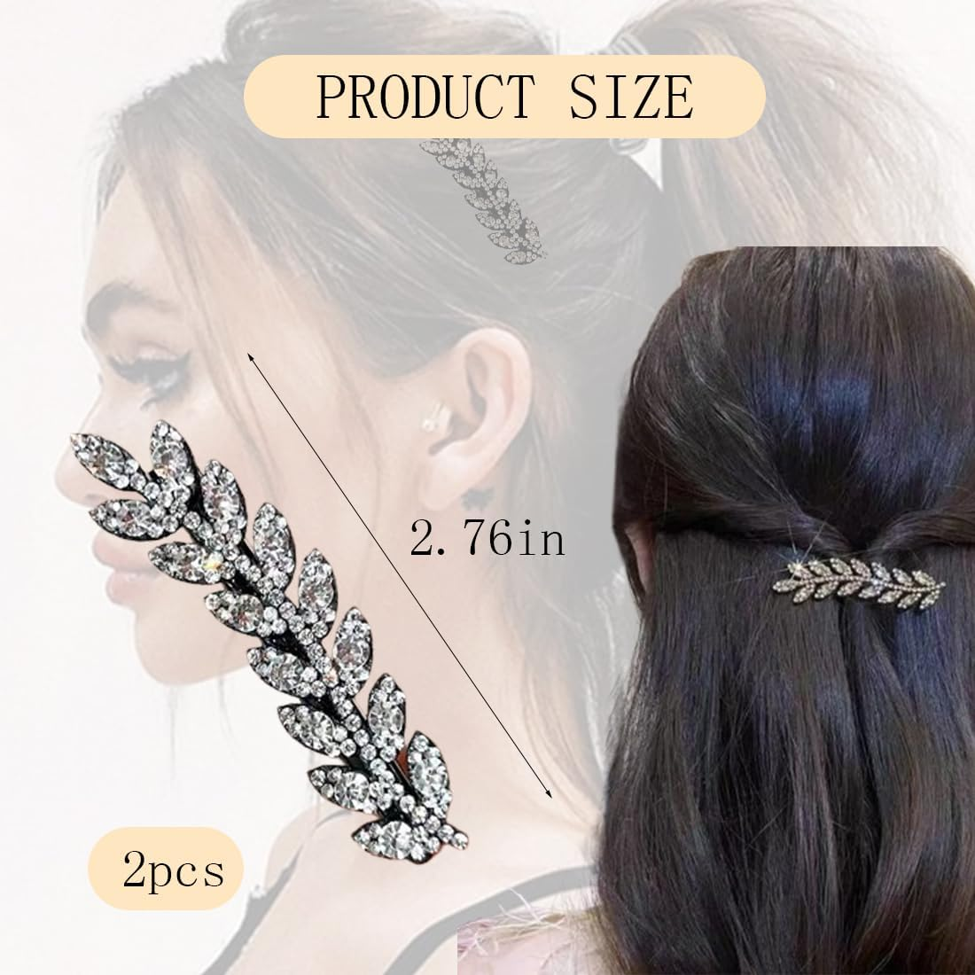 ROKZELT 2 Pieces Elegant Women Hair Clip Wedding Silver Hair Clips Wedding Bridal Leaf Hair Clips with Artificial Crystals image number 5