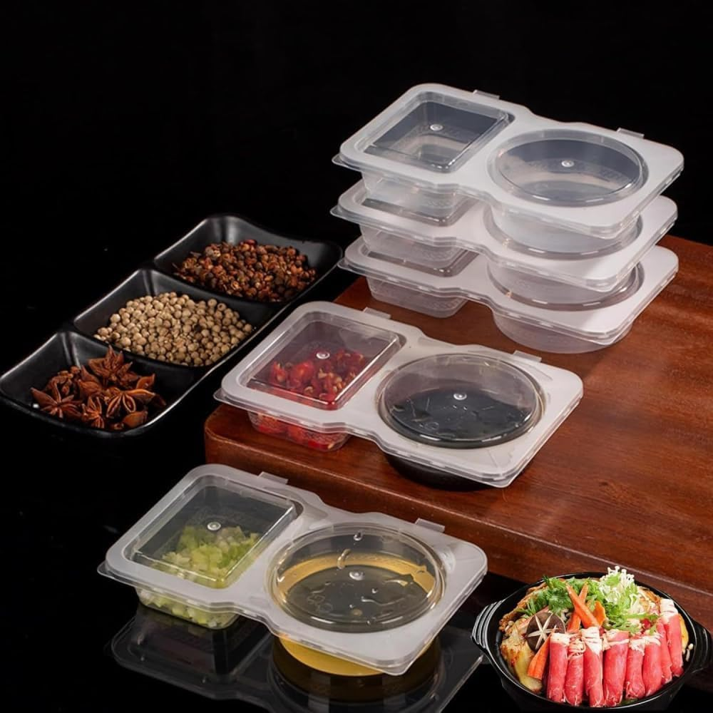 30Pcs Double Compartment Condiment Container with Lids,2 Compartment Snack Containers,Portable Reusable Sauce Container,Containers for Condiment, Dip, Sauce, Sampling and Travel Snacks image number 5
