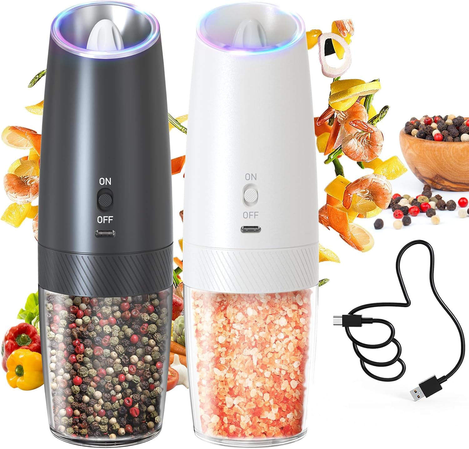 CIRCLE JOY Gravity Electric Salt and Pepper Grinder Set Rechargeable Salt and Pepper Shakers Automatic Mill Grinder with White LED Light, Adjustable Coarseness, Washable 135Ml Container, Black