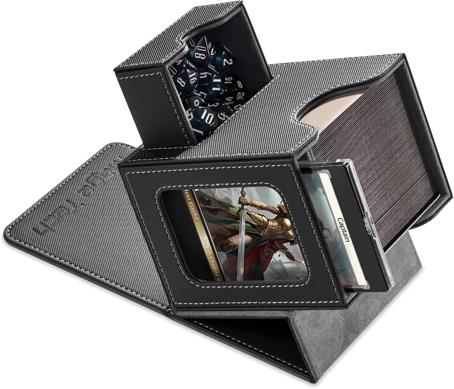Mage Tech Card Deck Box for MTG Commander - Patented Design, Commander Display, Fits 100 Double-Sleeved Cards, 35Pt Card Brick & Dice Tray - Black/Blue