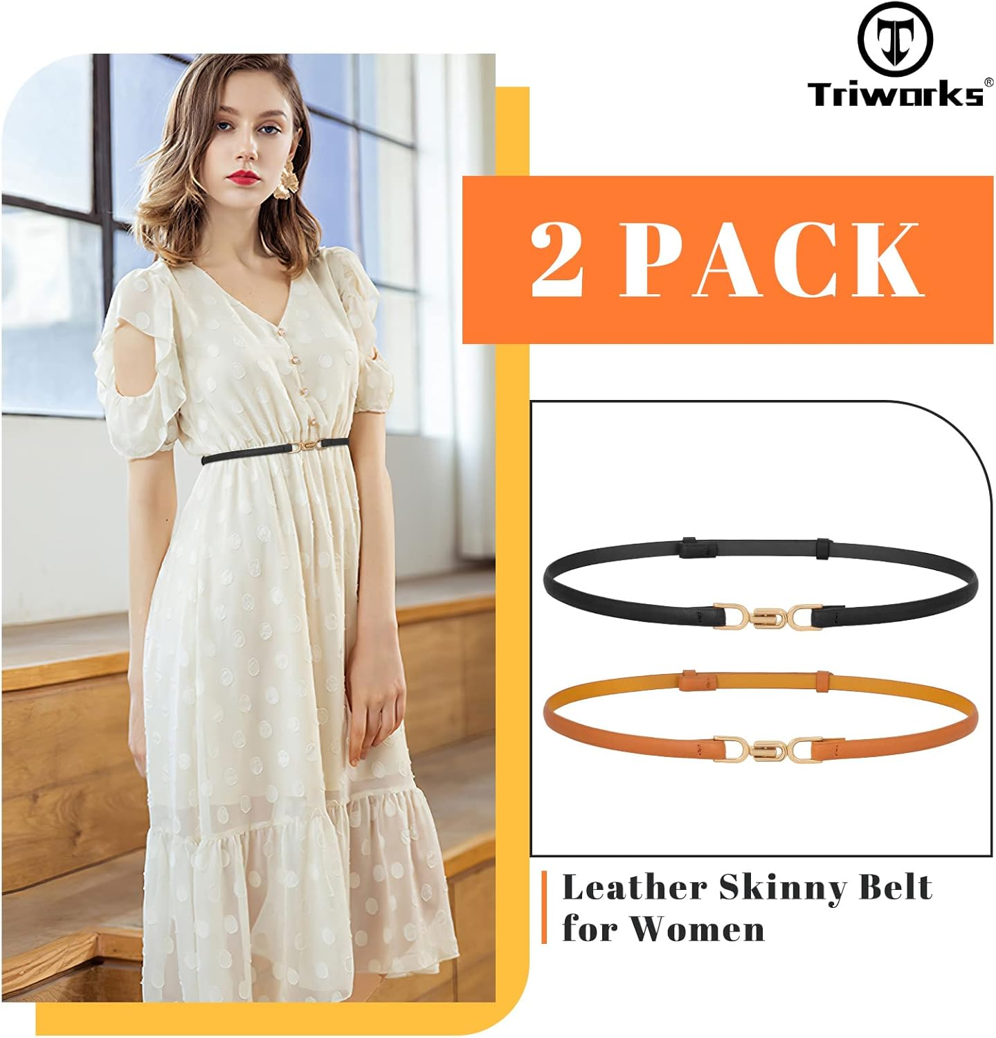 TRIWORKS Women Leather Skinny Belt 2 Pack Adjustable Belts Ladies Thin Waist Belts for Dresses, Black+Brown image number 3