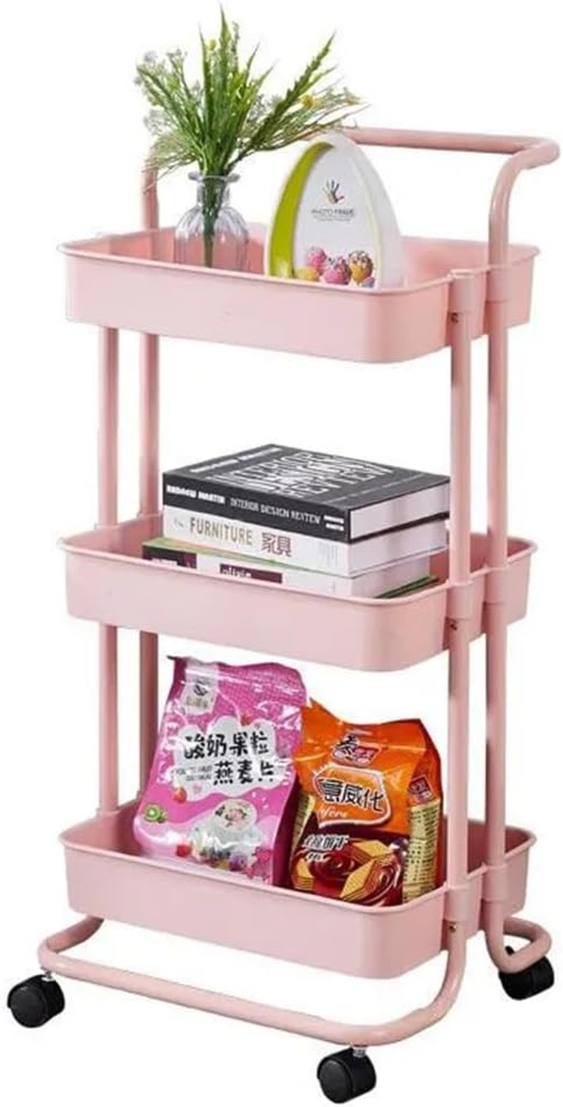 3 Tier Rolling Cart, Mobile Utility Cart with Handle, Multifunctional Organizer Storage Trolley, Storage Shelves for Office, Kitchen, Craft Room (Pink) image number 4
